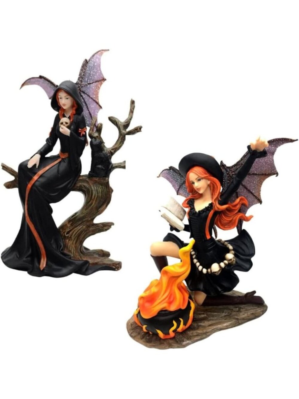 Comfy Hour Resin Fairy Witch with Skull and Black Cat Sitting On Withered Tree